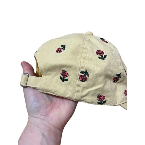 Pale Pastel Yellow Cotton Adjustable Baseball Hat Ditsy Pink Embroidered Flowers - Picture 3 of 7